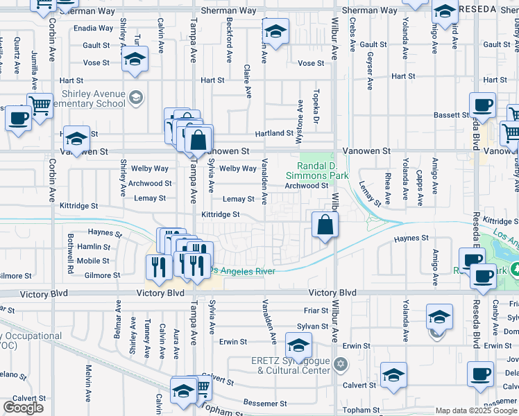 map of restaurants, bars, coffee shops, grocery stores, and more near 6621 Vanalden Avenue in Reseda