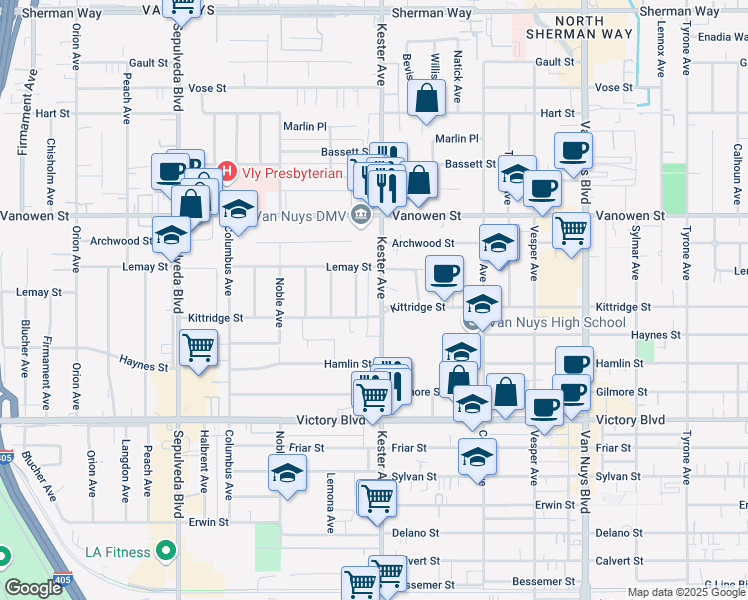 map of restaurants, bars, coffee shops, grocery stores, and more near 6605 Kester Avenue in Los Angeles