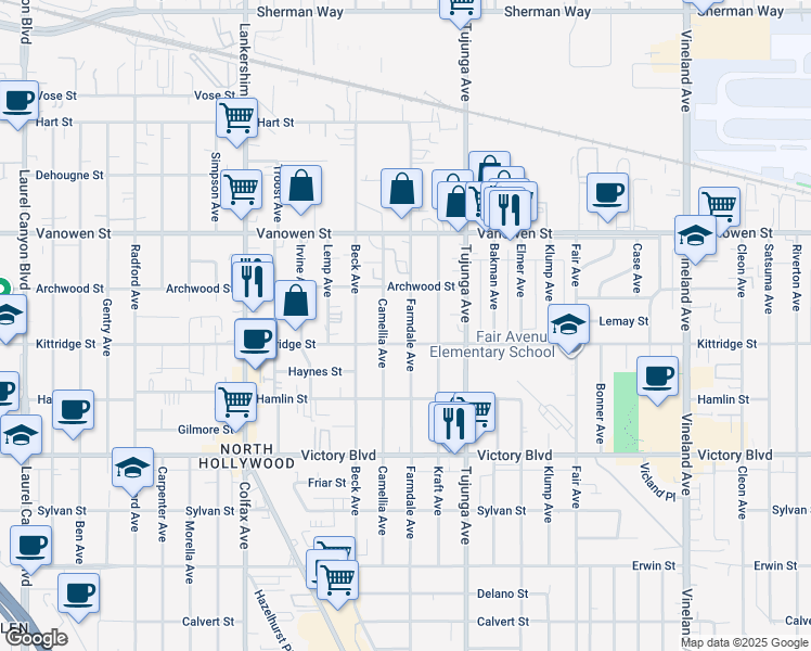 map of restaurants, bars, coffee shops, grocery stores, and more near 6619 Farmdale Avenue in Los Angeles