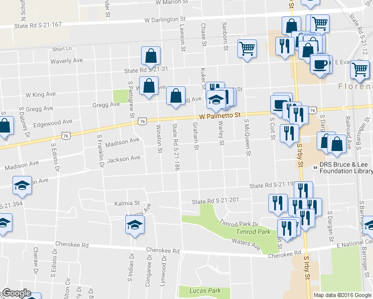 map of restaurants, bars, coffee shops, grocery stores, and more near 608 W Pine St in Florence