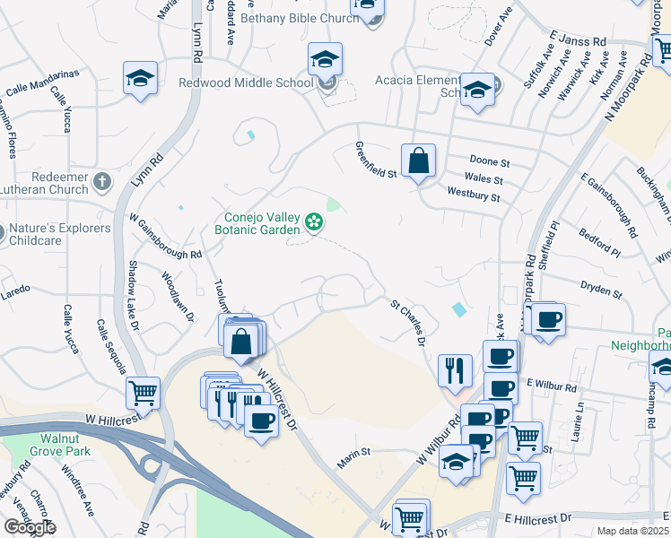map of restaurants, bars, coffee shops, grocery stores, and more near 286 Oak Leaf Drive in Thousand Oaks