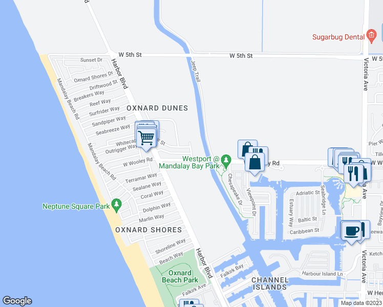 map of restaurants, bars, coffee shops, grocery stores, and more near 1105 Canal Street in Oxnard