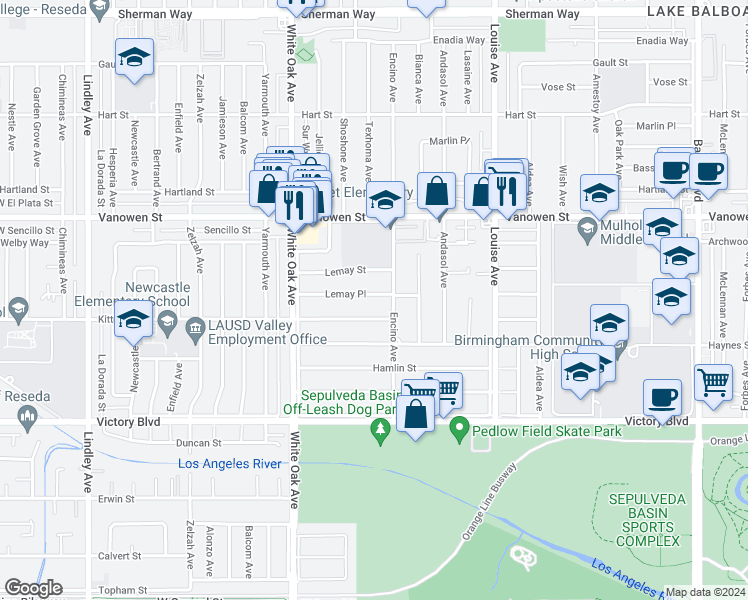 map of restaurants, bars, coffee shops, grocery stores, and more near 17522 Lemay Street in Los Angeles