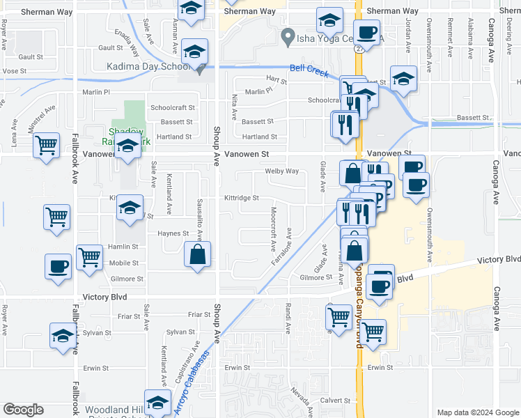 map of restaurants, bars, coffee shops, grocery stores, and more near 22253 Criswell Street in Los Angeles