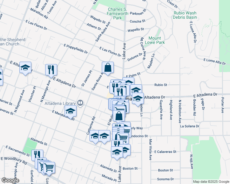 map of restaurants, bars, coffee shops, grocery stores, and more near 751 East Altadena Drive in Altadena