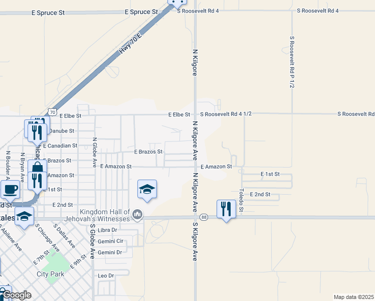 map of restaurants, bars, coffee shops, grocery stores, and more near 1637 East Brazos Street in Portales