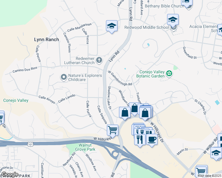map of restaurants, bars, coffee shops, grocery stores, and more near 985 Woodlawn Drive in Thousand Oaks
