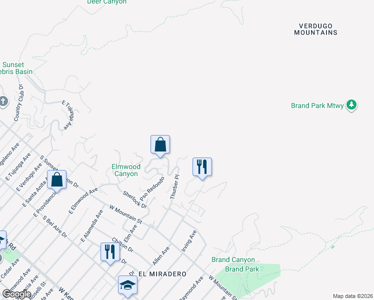 map of restaurants, bars, coffee shops, grocery stores, and more near 1801 Thurber Place in Burbank