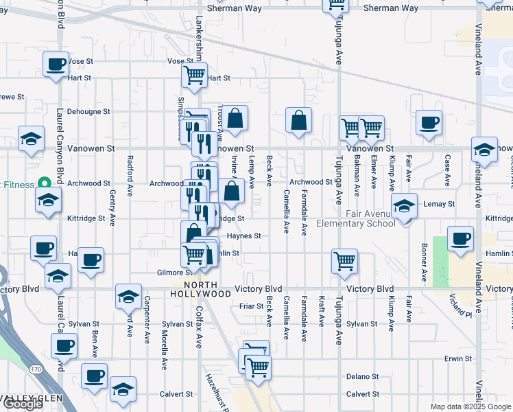 map of restaurants, bars, coffee shops, grocery stores, and more near 6618 Lemp Avenue in Los Angeles