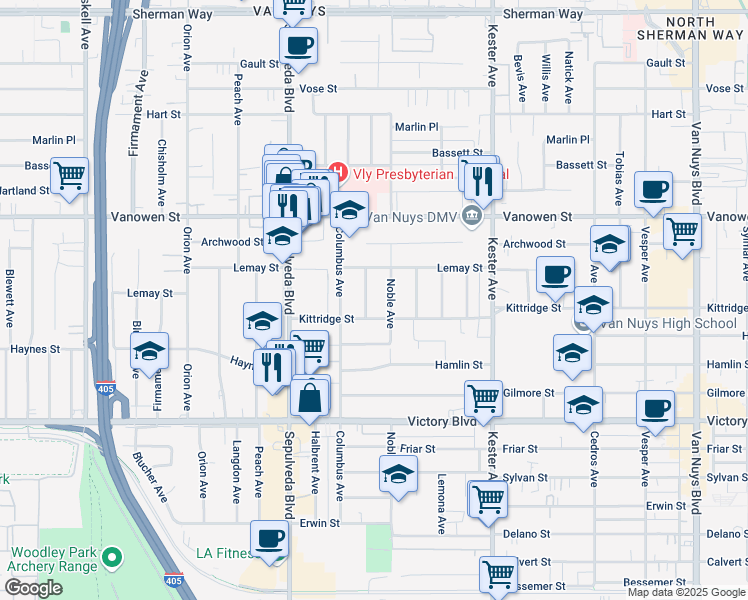 map of restaurants, bars, coffee shops, grocery stores, and more near 6620 Burnet Ave in Los Angeles