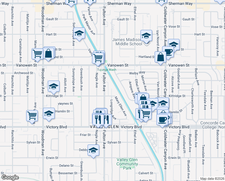map of restaurants, bars, coffee shops, grocery stores, and more near 6618 Longridge Avenue in Los Angeles