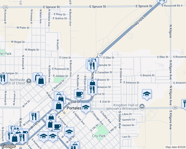 map of restaurants, bars, coffee shops, grocery stores, and more near 304 N Chicago Ave in Portales