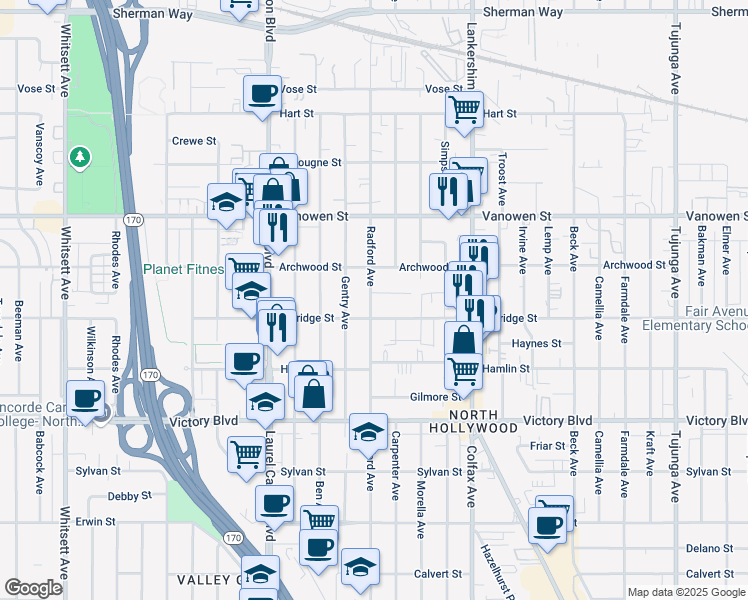 map of restaurants, bars, coffee shops, grocery stores, and more near 6624 Radford Avenue in Los Angeles