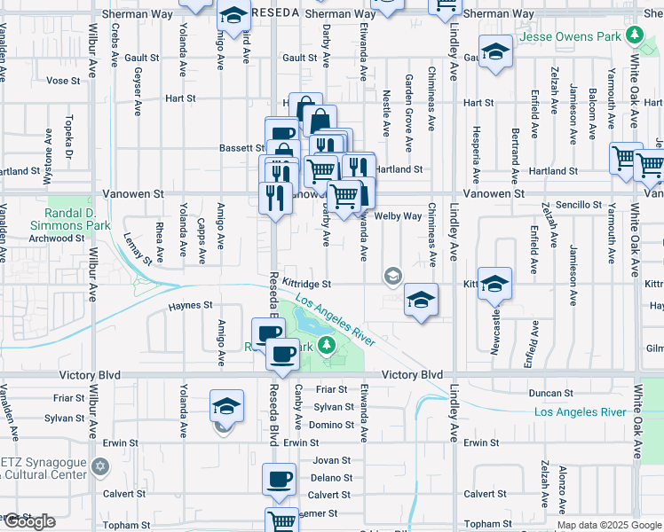 map of restaurants, bars, coffee shops, grocery stores, and more near 6620 Darby Avenue in Los Angeles