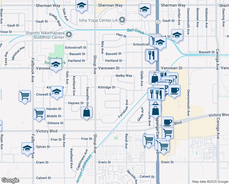 map of restaurants, bars, coffee shops, grocery stores, and more near 22253 Criswell Street in Los Angeles
