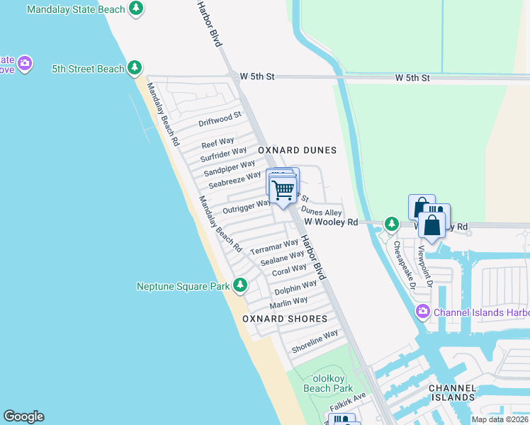 map of restaurants, bars, coffee shops, grocery stores, and more near 5115 Breakwater Way in Oxnard