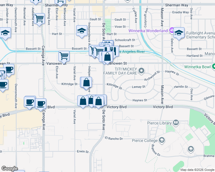map of restaurants, bars, coffee shops, grocery stores, and more near 20852 Kittridge Street in Los Angeles