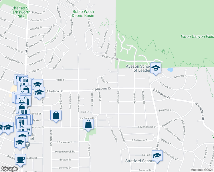map of restaurants, bars, coffee shops, grocery stores, and more near 1545 East Altadena Drive in Altadena