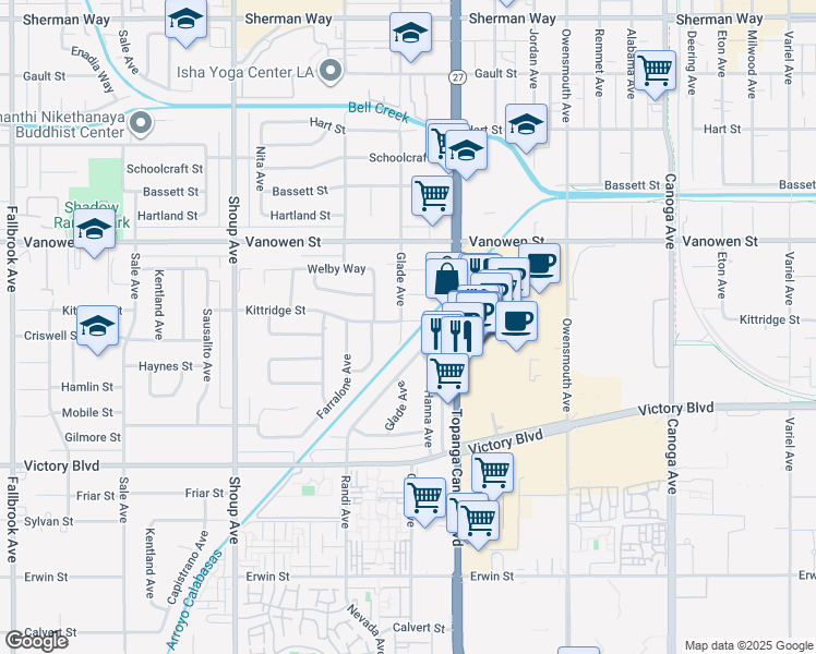 map of restaurants, bars, coffee shops, grocery stores, and more near 22054 Kittridge Street in Los Angeles