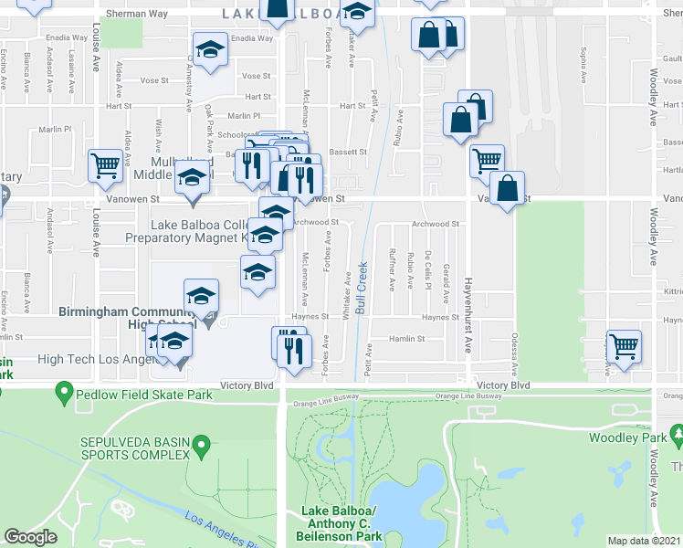 map of restaurants, bars, coffee shops, grocery stores, and more near 6619 Whitaker Avenue in Los Angeles
