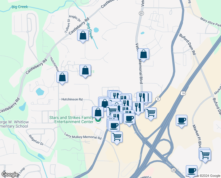 map of restaurants, bars, coffee shops, grocery stores, and more near 259 Azalea Circle in Cumming