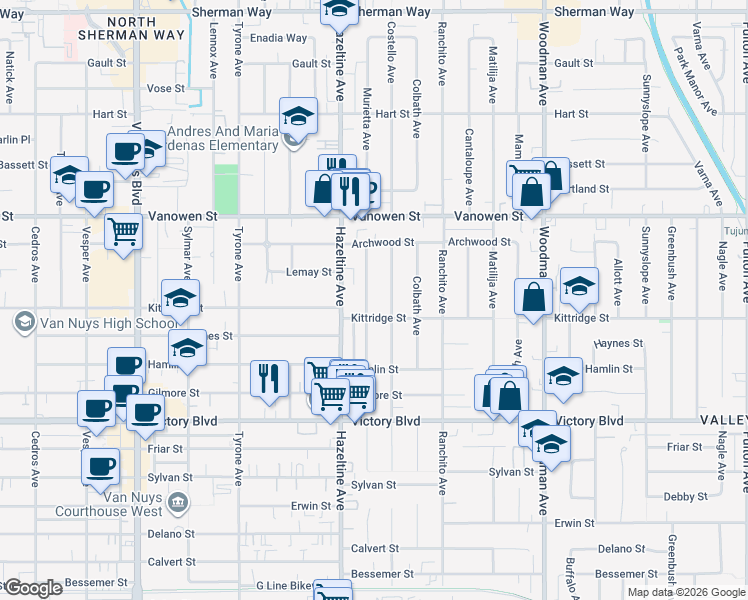 map of restaurants, bars, coffee shops, grocery stores, and more near 6620 Murietta Avenue in Los Angeles