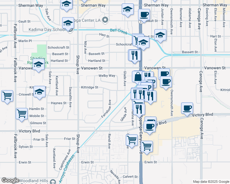 map of restaurants, bars, coffee shops, grocery stores, and more near 6629 Nevada Avenue in Los Angeles