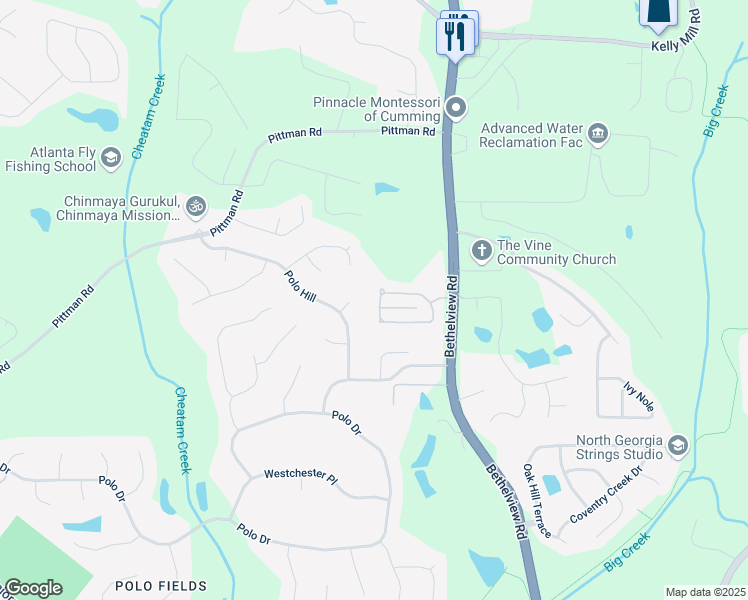 map of restaurants, bars, coffee shops, grocery stores, and more near 7130 Hampton Court in Cumming