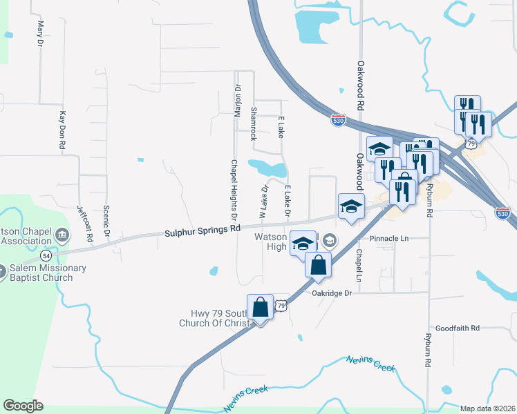 map of restaurants, bars, coffee shops, grocery stores, and more near 3800 West Lake Drive in Pine Bluff