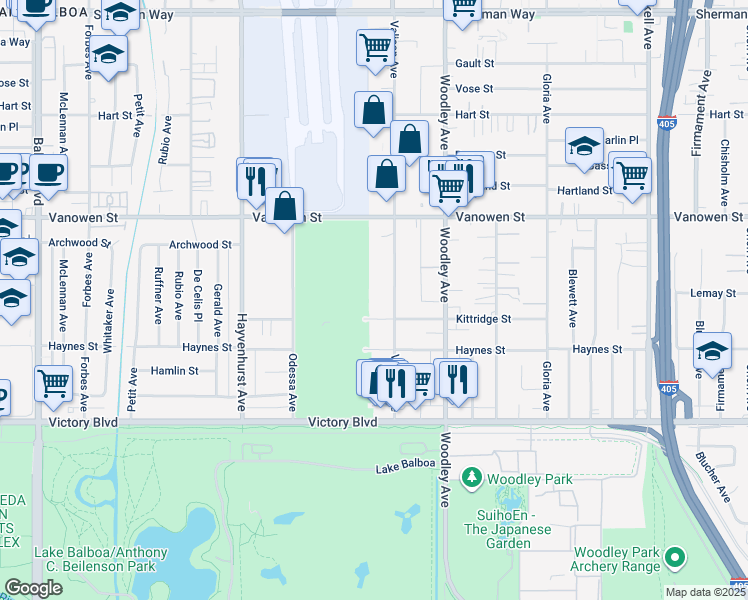 map of restaurants, bars, coffee shops, grocery stores, and more near 6627 Valjean Avenue in Los Angeles