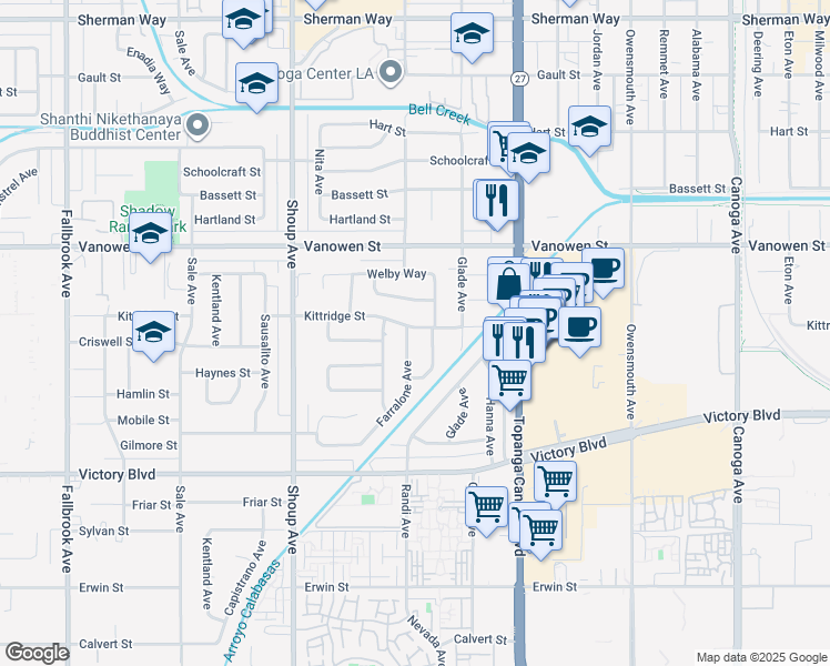 map of restaurants, bars, coffee shops, grocery stores, and more near 6629 Nevada Avenue in Los Angeles