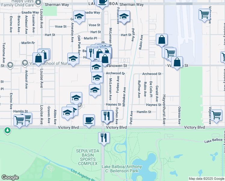 map of restaurants, bars, coffee shops, grocery stores, and more near 6624 McLennan Avenue in Los Angeles