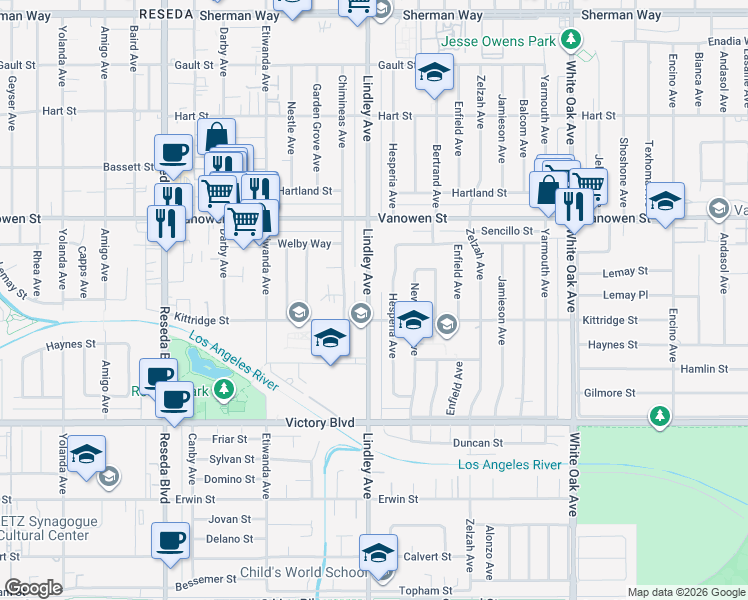 map of restaurants, bars, coffee shops, grocery stores, and more near 6622 Lindley Avenue in Los Angeles