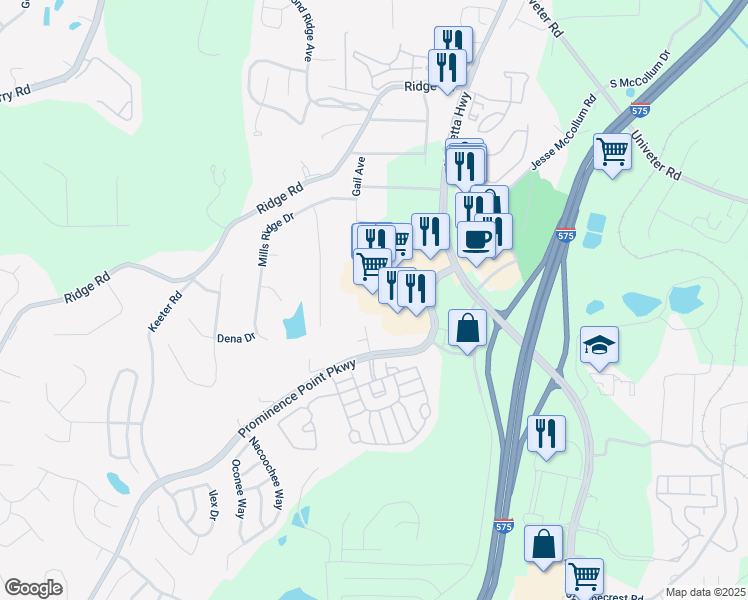 map of restaurants, bars, coffee shops, grocery stores, and more near 150 Prominence Point Parkway in Canton