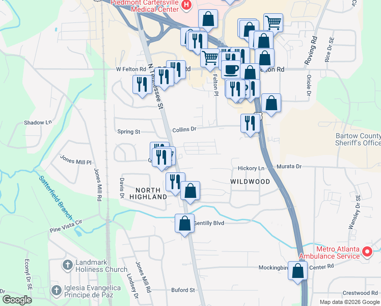 map of restaurants, bars, coffee shops, grocery stores, and more near 613 Mountain Street in Cartersville