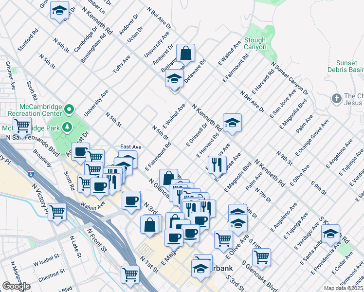 map of restaurants, bars, coffee shops, grocery stores, and more near 607 East Grinnell Drive in Burbank