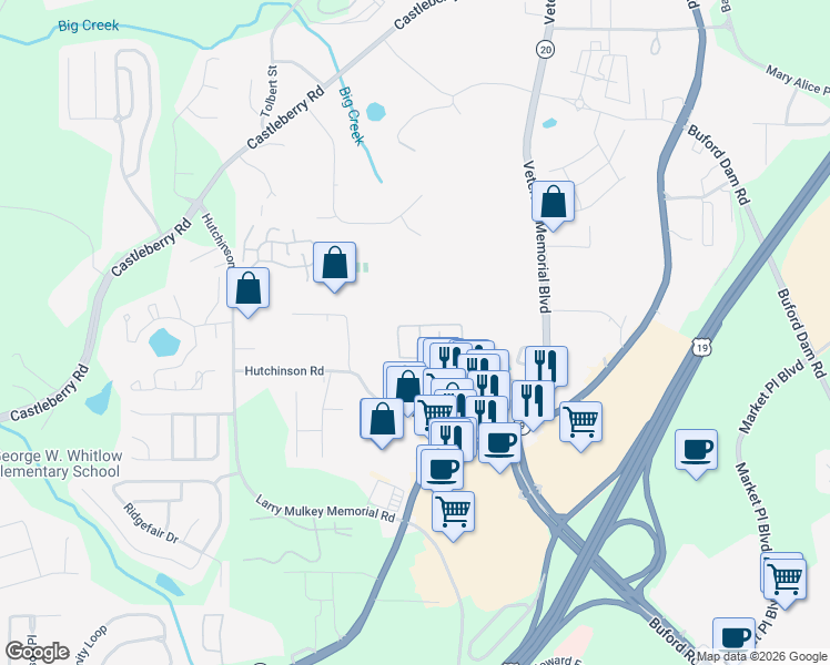 map of restaurants, bars, coffee shops, grocery stores, and more near 421 Jasmine Court in Cumming