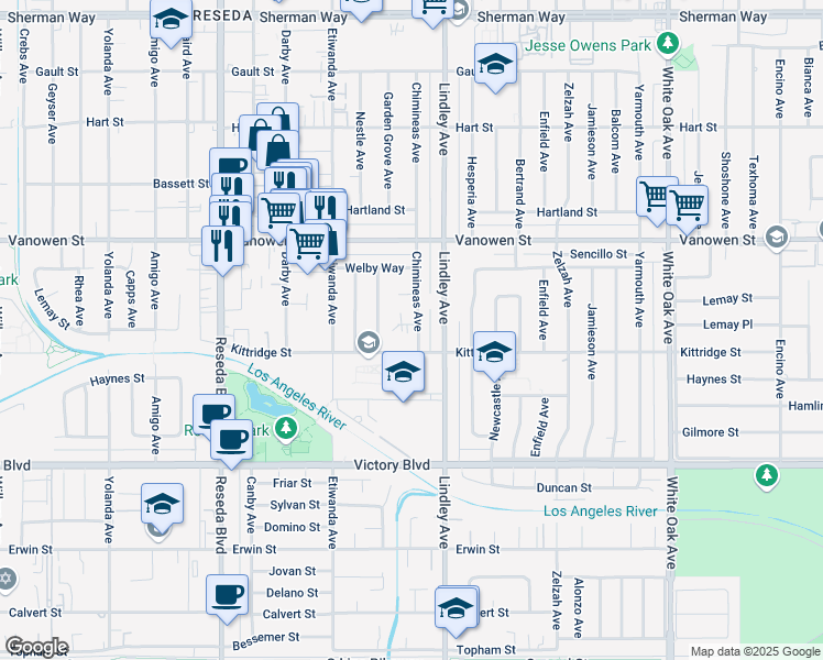 map of restaurants, bars, coffee shops, grocery stores, and more near 6621 Chimineas Avenue in Los Angeles