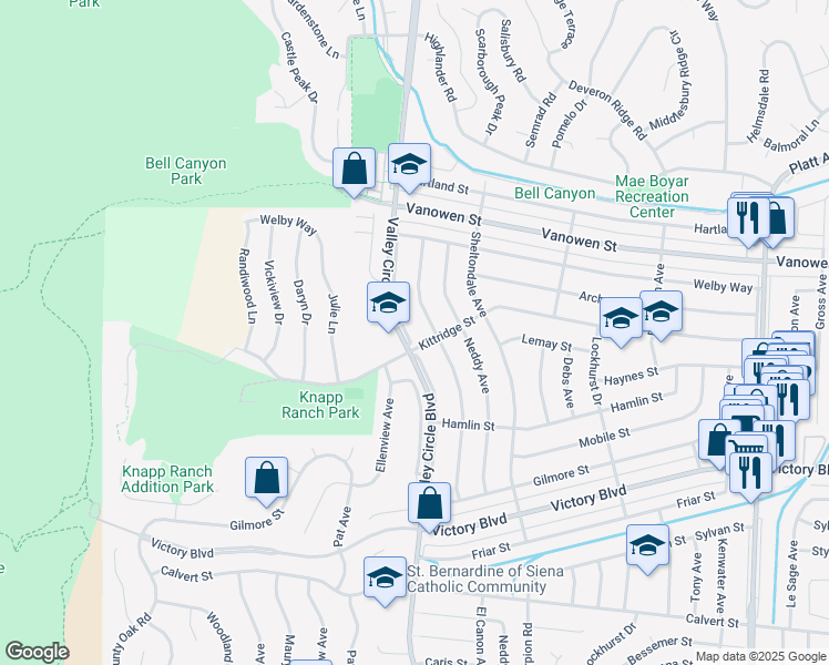 map of restaurants, bars, coffee shops, grocery stores, and more near 6610 Valley Cir Blvd in Los Angeles