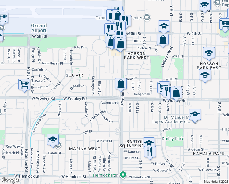 map of restaurants, bars, coffee shops, grocery stores, and more near 1030 Ontario Street in Oxnard