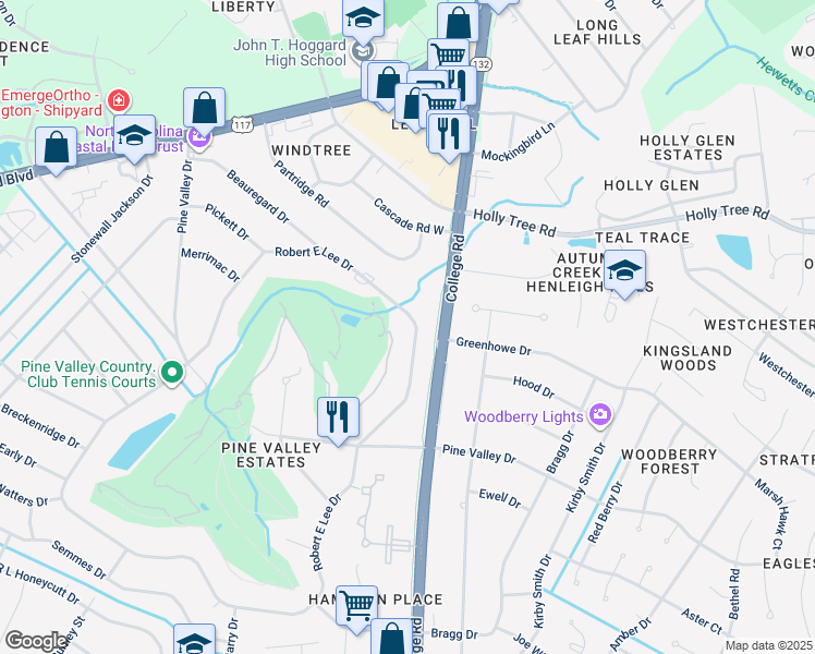 map of restaurants, bars, coffee shops, grocery stores, and more near 416 Robert E Lee Drive in Wilmington