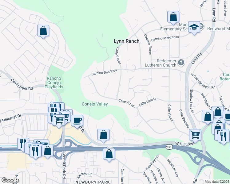 map of restaurants, bars, coffee shops, grocery stores, and more near 771 Calle Pecos in Thousand Oaks