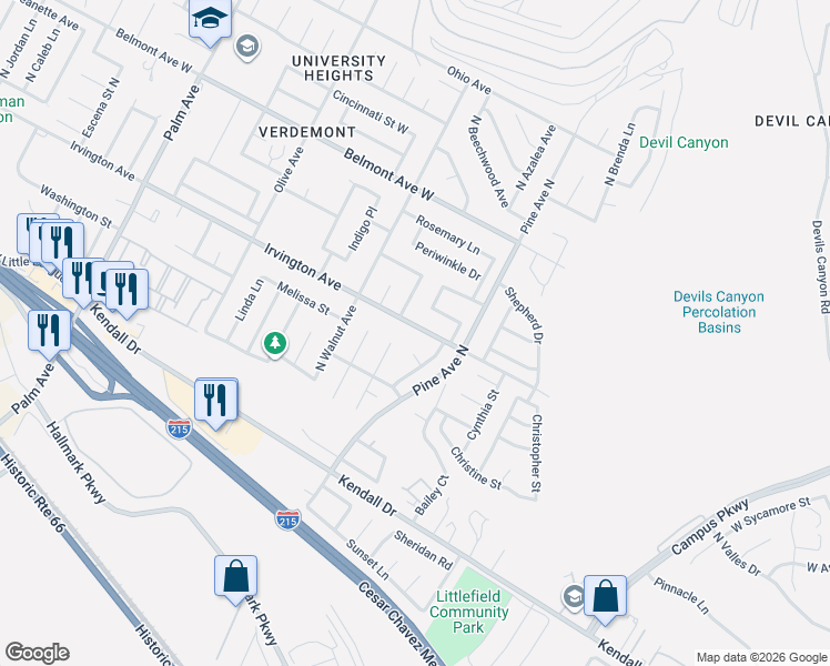 map of restaurants, bars, coffee shops, grocery stores, and more near 2595 Irvington Avenue in San Bernardino