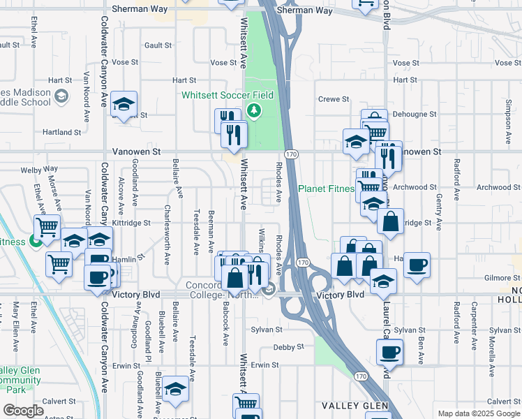 map of restaurants, bars, coffee shops, grocery stores, and more near 12436 Lemay Street in Los Angeles
