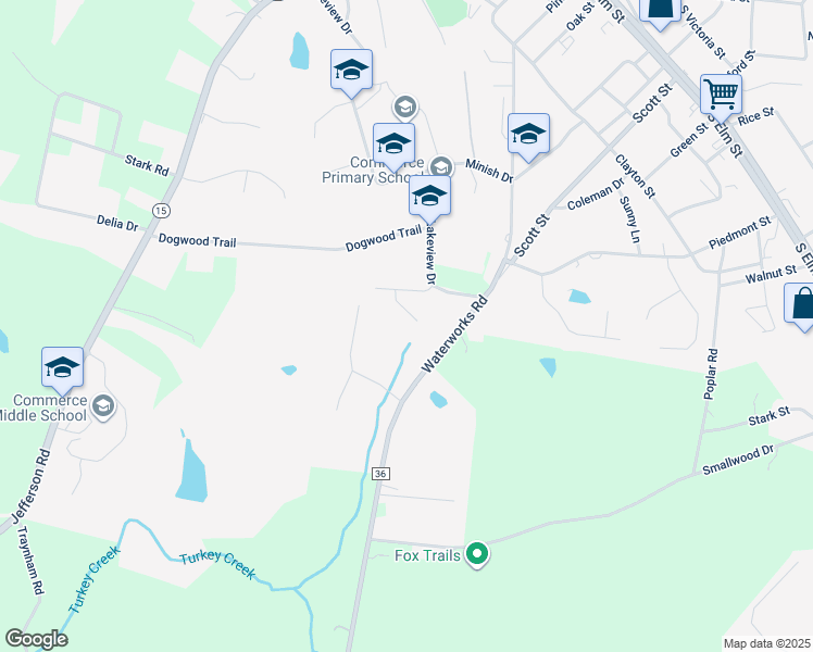 map of restaurants, bars, coffee shops, grocery stores, and more near 80 Overlook Trace in Commerce