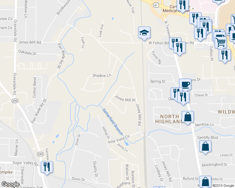 map of restaurants, bars, coffee shops, grocery stores, and more near 15 Jones Mill Place in Cartersville