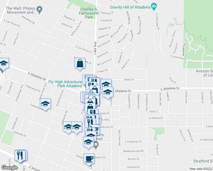 map of restaurants, bars, coffee shops, grocery stores, and more near 2630 Homepark Avenue in Altadena