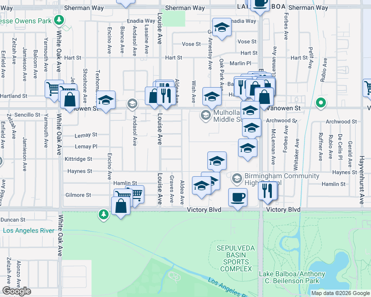 map of restaurants, bars, coffee shops, grocery stores, and more near 6624 Aldea Avenue in Los Angeles