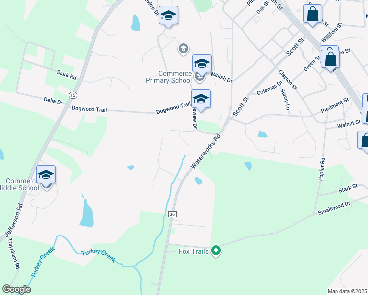 map of restaurants, bars, coffee shops, grocery stores, and more near 80 Overlook Trace in Commerce