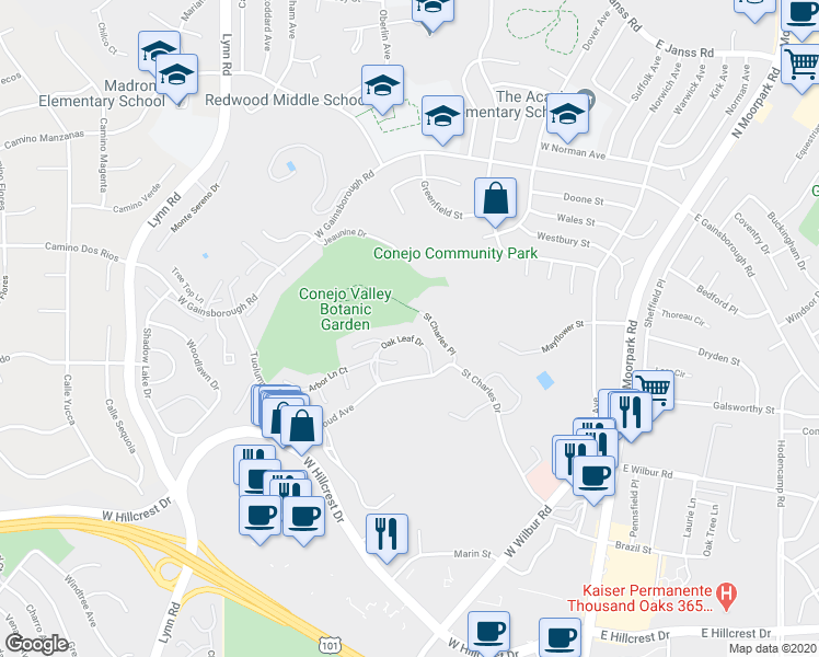 map of restaurants, bars, coffee shops, grocery stores, and more near 248 Oak Leaf Drive in Thousand Oaks